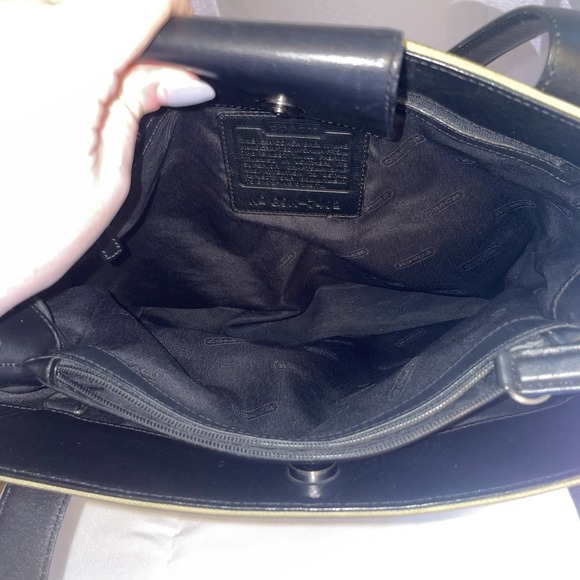 COACH Khaki Twill Canvas Leather Handle Shoulder Bag Purse 7402 Tan Black - Picture 7 of 16